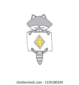Vector hand drawn isolated element, sleepy raccoon under the blanket. Cute character. Simple modern design, Scandinavian style. For kids fashion, room decoration, wall art. Part of a large collection