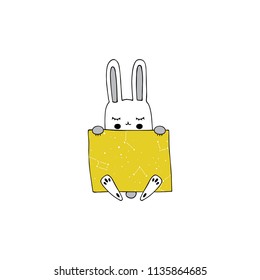 Vector hand drawn isolated element, sleepy bunny under the blanket. Cute character. Simple modern design, Scandinavian style. For kids fashion, room decoration, wall art. Part of a large collection