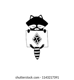 Vector hand drawn isolated element, sleepy raccoon. Cute character. Simple modern design, Scandinavian style, black and white. For kids fashion, room decoration, wall art. Part of a large collection.