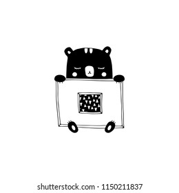 Vector hand drawn isolated element, sleepy bear. Cute character. Simple modern design, Scandinavian style, black and white. For kids fashion, room decoration, wall art. Part of a large collection