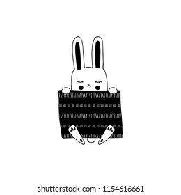 Vector hand drawn isolated element, sleepy bunny under the blanket. Cute character. Simple modern design, Scandinavian style. For kids fashion, room decoration, wall art. Part of a large collection