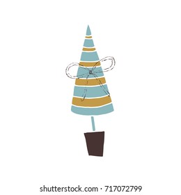 Vector hand drawn isolated element, topiary. Christmas tree in a pot. Simple modern design, scandinavian style. For holiday cards, decorations, templates. Part of a large winter collection.