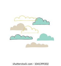 Vector hand drawn isolated elements, set of clouds. For children fashion and stationery, nursery, scrapbooking, home decor and textile, surface design. Part of a large sea creatures collection.