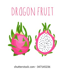 Vector hand drawn isolated  exotic dragon fruit with the inscription. Healthy lifestyle card. Eco friendly