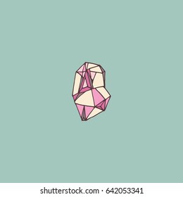 Vector hand drawn isolated illustration of natural mineral crystal in trendy dusty pink palette on a mint color background. Great for background, stickers, wallpapers, textile print & any your design!