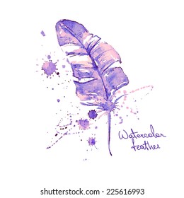 Vector hand drawn isolated pink purple watercolor feather with blots and stains