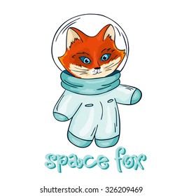 vector hand drawn isolated printable illustration of fox astronaut with label "space fox"