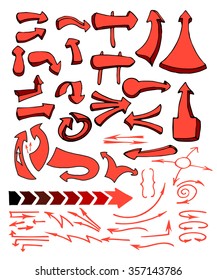 Vector hand drawn isolated sketchy arrows icons set.Arrow collection isolated on a white background.Arrow red sketchy design elements set for advertising and business presentations.