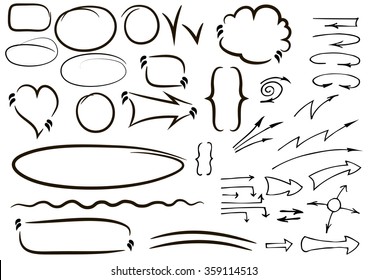 Vector hand drawn isolated sketchy arrows icons set. Hand drawn with ink.Arrow collection isolated on a white background.Quotation Mark Speech Bubble. Quote sign icon.
