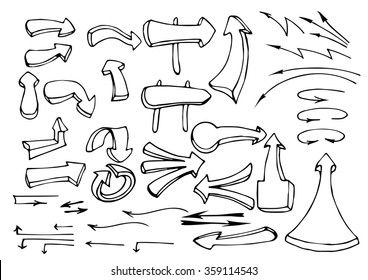 Vector hand drawn isolated sketchy arrows icons set. Hand drawn with ink.Arrow collection isolated on a white background.Arrow black and white design elements set