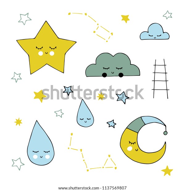 Vector hand drawn\
isolated sky elements, clouds and constellations, moon and stars.\
Simple decoration, wall art. Part of big collection of\
illustrations for kids\
nursery.