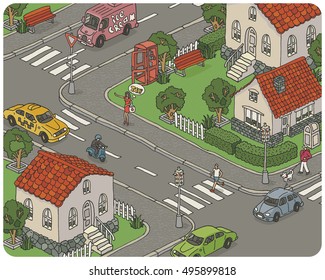 Vector hand drawn isometric illustration of city with private houses, cars, trees and people