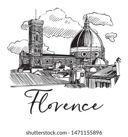 Vector Hand Drawn Italian City Florence Main Church Duomo Santa Maria Del Fiore Ink Sketch Illustration