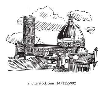 Vector Hand Drawn Italian City Florence Main Church Duomo Santa Maria Del Fiore Ink Sketch Illustration