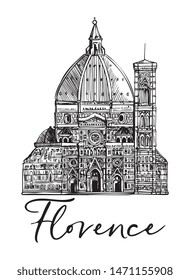 Vector Hand Drawn Italian City Florence Main Church Duomo Santa Maria Del Fiore Ink Sketch Illustration