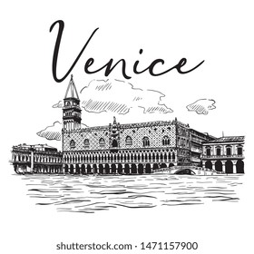 Vector Hand Drawn Italian City Venice San Marco Square Ink Illustration