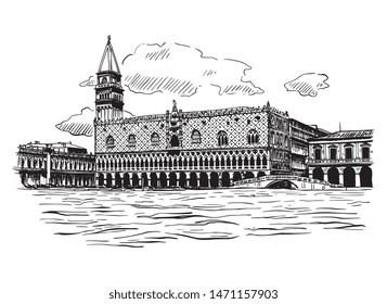 Vector Hand Drawn Italian City Venice San Marco Square Ink Illustration