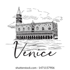 Vector Hand Drawn Italian City Venice San Marco Square Ink Illustration