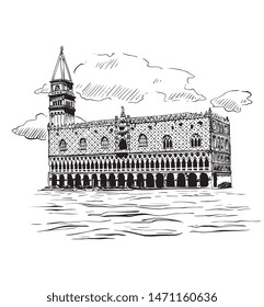 Vector Hand Drawn Italian City Venice San Marco Square Ink Illustration