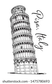 Vector Hand Drawn Italian City Pisa Main Cathedral Tower Ink Illustration