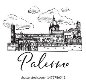 Vector Hand Drawn Italian City Palermo Main Cathedral Of Assumption Of Virgin Mary Ink Illustration