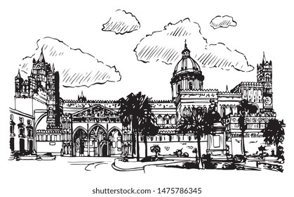 Vector Hand Drawn Italian City Palermo Main Cathedral Of Assumption Of Virgin Mary Ink Illustration