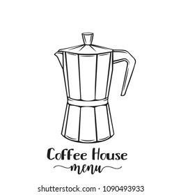 Vector hand drawn italian coffee maker badge icon for design packaging, cafe menu and promotion coffee house. Sketch retro style.