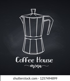 Vector hand drawn italian coffee maker badge icon for design packaging, cafe menu and promotion coffee house. Chalkboard style