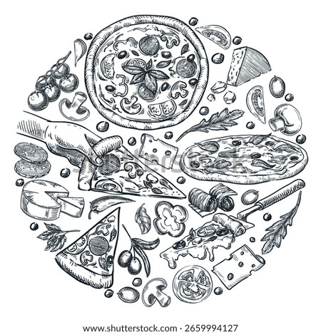 Vector hand drawn Italian pizza and ingredients in circle shape. Design elements for restaurant menu, Italian food design, pizzeria branding, or culinary. Authentic food sketch on white background