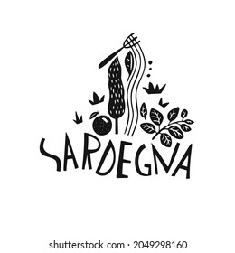 Vector hand drawn Italy label. Travel illustration of Sardinia. Hand drawn lettering illustration. Italian symbol logo