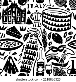 Vector hand drawn Italy landmarks seamless pattern. Travel illustrations of Italian symbols. Hand drawn lettering. Mediterranean icons background 