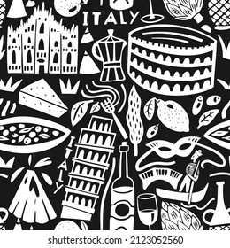 Vector hand drawn Italy landmarks seamless pattern. Travel illustrations of Italian symbols. Hand drawn lettering. Mediterranean icons background 