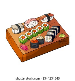 Vector hand drawn japan sushi set on wooden deck isolated on white background