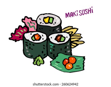 Vector hand drawn japanese food isolated sushi - sushi rolls