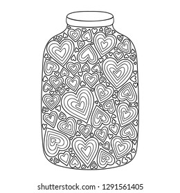 Vector hand drawn jar with hearts. Doodle illustration for Valentines Day. Anti stress coloring page.