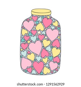 Vector hand drawn jar with hearts. Doodle illustration for Valentines Day Isolated.