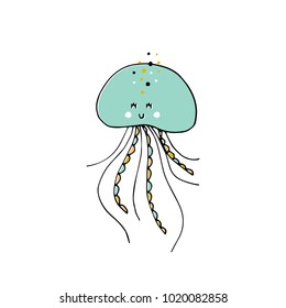 Vector hand drawn jellyfish. Ocean marine world. For children fashion and stationery, nursery, scrapbooking, home decor and textile, surface design. Part of a sea creatures collection.