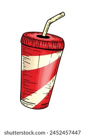 Vector Hand Drawn Juice Cup for Burger or Fast Food Menu Design. Doodle Hand Drawing Tke Away Cup Design Isolated on White Background. Vintage Style Fresh Drink with Striped Pattern. 