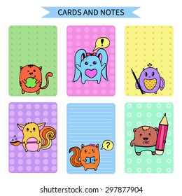 vector hand drawn kawaii animals, template for cards and notes
