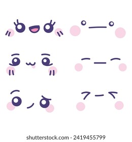 Colección de ilustraciones faciales kawaii dibujada a mano por vectores.