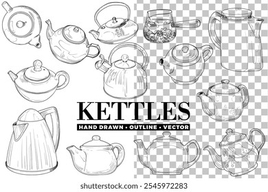 Vector hand drawn kettles collection. Outline kitchenware for coffee or tea menus. Isolated tea pots on transparent background. Illustration is outline only.