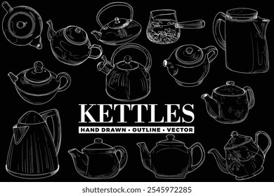 Vector hand drawn kettles collection. Outline kitchenware for coffee or tea menus. Isolated tea pots on black background. Illustration is outline only.