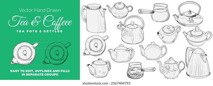 Vector hand drawn kettles and pots set. Outline kitchenware for coffee or tea menus. Kitchen graphic assets with outline and fill in separate groups.