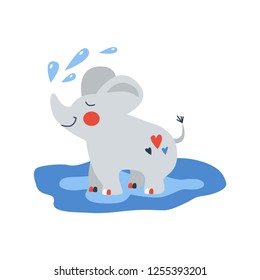 Vector hand drawn kid illustration of little elephant playing with water. For childrens bathrooms, books, posters. 
