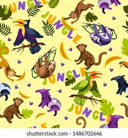 Vector hand drawn kids cartoon style seamless pattern “Jungle” with wild animals - monkeys, toucan, sloth, tapir and parrot. Plus: bananas, tropic leaves, bushes and flowers. For apparel, wrapping