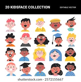 Vector Hand Drawn Kids Face Illustration Set of Adorable Characters for Children’s Projects.