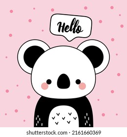 Vector hand drawn kids poster with cute koala. Koala says hello. Poster, print on clothes, phone case, textiles. On a pink background. Kawaii animal. Doodle style.