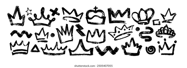 Vector hand drawn king crown set isolated on white background. Black brush stroke prince diadems. Grunge princess tiara, royal queen head accessories, spiral, wavy lines and cross in graffiti style.