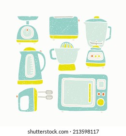 Vector hand drawn kitchen appliances old textured