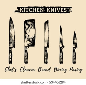 Vector hand drawn kitchen or chef's knives set. Butcher's tools illustration. Cutlery sketches collection for shop, butchery, restaurant, cafe etc. 